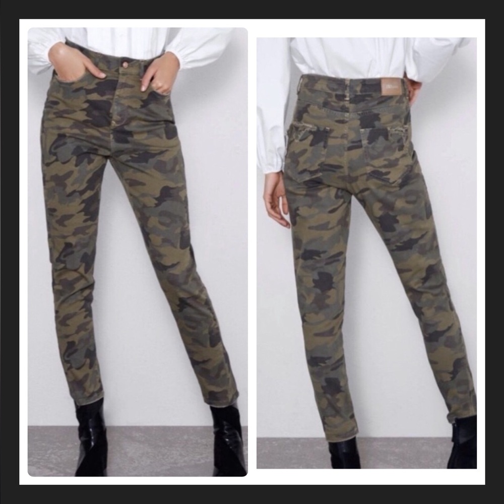 NEW Zara Denim Distressed Camo High Rise Skinny Jeans